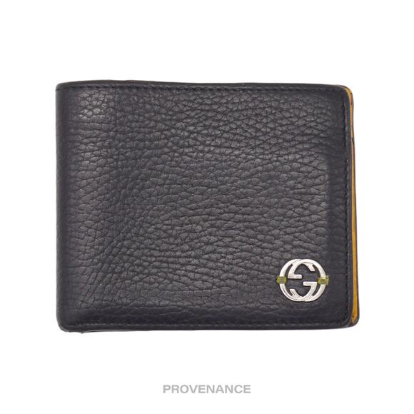 🔴 Gucci GG Logo Bifold Wallet - Black Yellow Leather - Picture 1 of 9